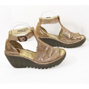 Fly London Yall Platform Wedge Sandal Metallic Gold Ankle Strap Chunky 37/6.5-7